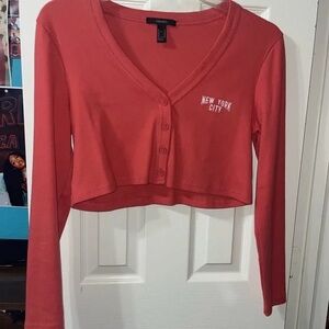 Forever 21 Red V-Neck Button-Up Blouse